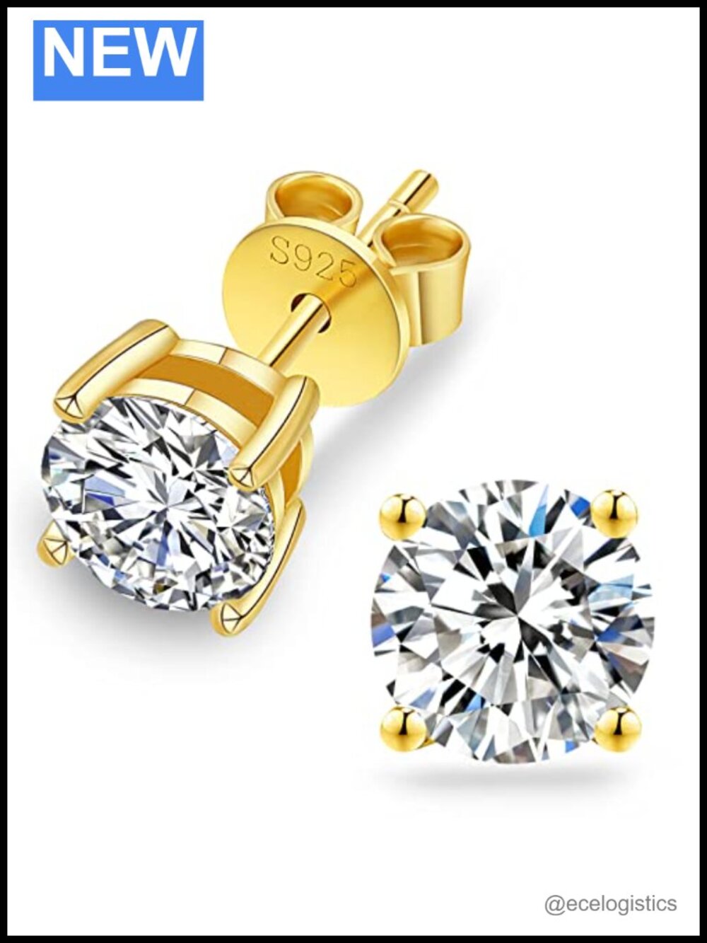 Moissanite Stud Earrings 14K Gold Plated S925 Silver 3CTW